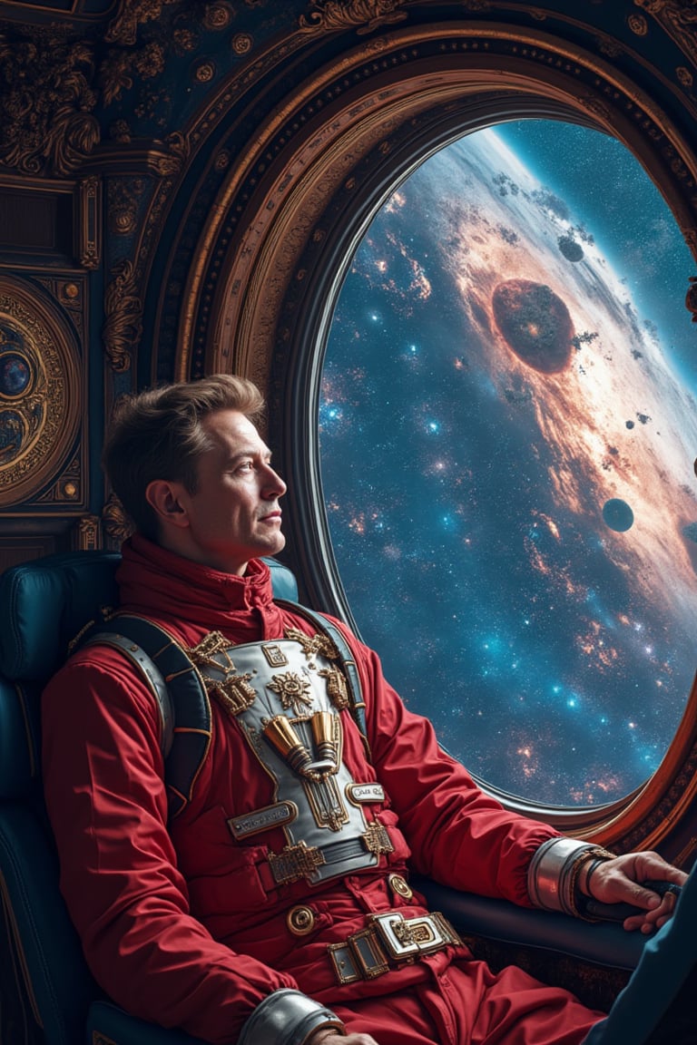 The smart, cunning and genius Interstellar Enterpreneur [Elon Musk:David Bowie:0.35] with sharp eye stare in to the distance from his lavish cabin of  interstellar space sjip, subtle nebula and galaxies clearly visible from the gigantic window, insanely detailed and intricate, masterpiece work of realistic  color comic maestro Don Lawrence, octane render