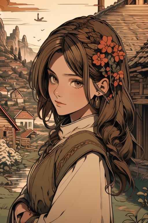 (Masterpiece, best quality, hi_res, extreme detail, perfect anatomy, perfect face), (pretty farm villager), (farming village, medieval fantasy),Brown hair ,niji,sketch