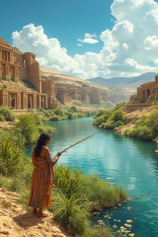 An ancient Sumerian Girl harvesting edible water plants along a river bank with breathtaking ancient Sumerian Landscape, cloudy blue sky, realistic color comic illustration with strong influence of Don Lawrence style