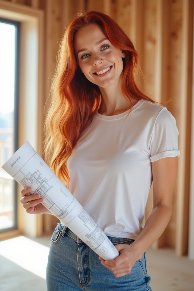 A picture of a 32 year old beautiful ginger long haired home contractor woman, wearing a casual outfit, a T-shirt, and a blue jeans, boots, and a home blueprint in her hand, she is in a new home construction site, optimistic smirk, radiant positive vibes from her blue beautiful eyes, masterpiece color pencil in realistic style of the Maestro Don Lawrence, octane render