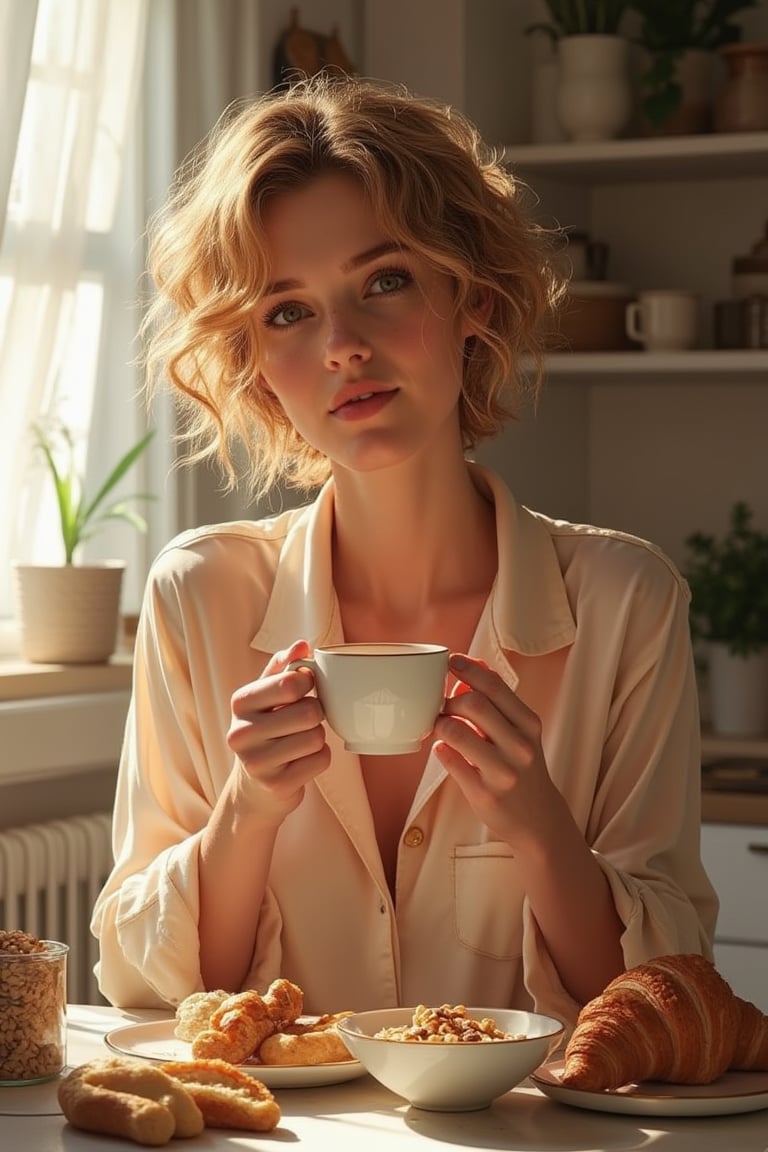 A just woken up beautiful gorgeous golden short curly hair style woman, still using her unbuttoned thin silk pajamas, messy hair in the morning, feels the tranquil morning, talking with you with intimate droopy eyes stare and passionate smile, listening to you attentively, a cup of hot coofee in her hands, a bowl of cereals with almond milk, enjoying the aroma and the taste of fruity arabica coffee, sweet croissant,wheat bread, butter and peanut butter, neat modern Scandinavian kitchen with well organize kitchen object and cluttery, insanely detailed and intricate face intimate gestures, realistic color comic illustration with strong influence of Don Lawrence style