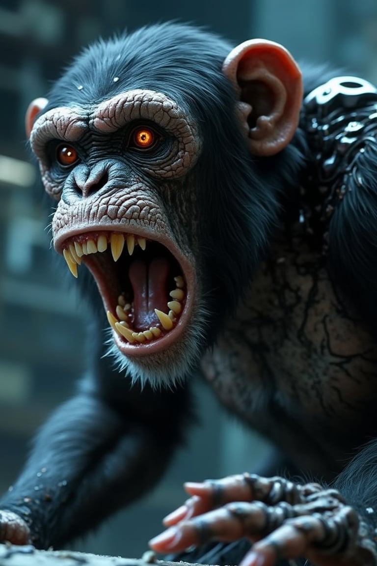 create a picture of The Terminator Chimp with sharp metal jaws and claws rumble in the laboratory