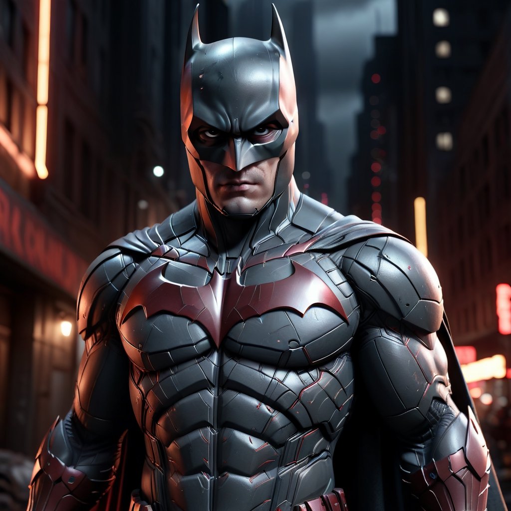 An experimental fusion of Ironbatman, a detailed photorealistic new breed of superhero, insanely detailed and intricate figure and high-tech costumeIron, dark cement grey and dark red dual tone colored, dark toned, night metro gotham background, volumetric lighting, unreal engine 5