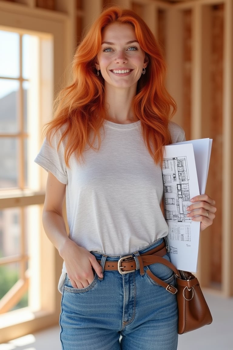 A picture of a 32 year old beautiful ginger long haired home contractor woman, wearing a casual outfit, a T-shirt, and a blue jeans, boots, and a home blueprint in her hand, she is in a new home construction site, optimistic smirk, radiant positive vibes from her blue beautiful eyes, masterpiece color pencil in realistic style of the Maestro Don Lawrence, octane render