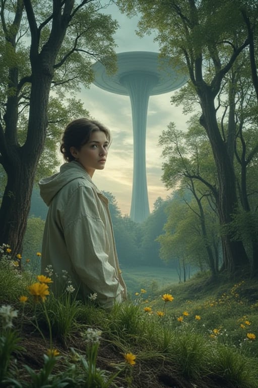 A closeup portrait of a beautiful cosmos scientist [Elizabeth II:Maude Adams:0.35], looking at the viewer, detailed face, at an enigmatic misty  meadows with gnarly willow trees and gigantic levitating long vertical unidentified object in background, insanely detailed and intricate, UHD, best quality, 4k, A masterpiece of ultra realistic oil on canvas painting in Don Lawrence style, realistic color comic illustration