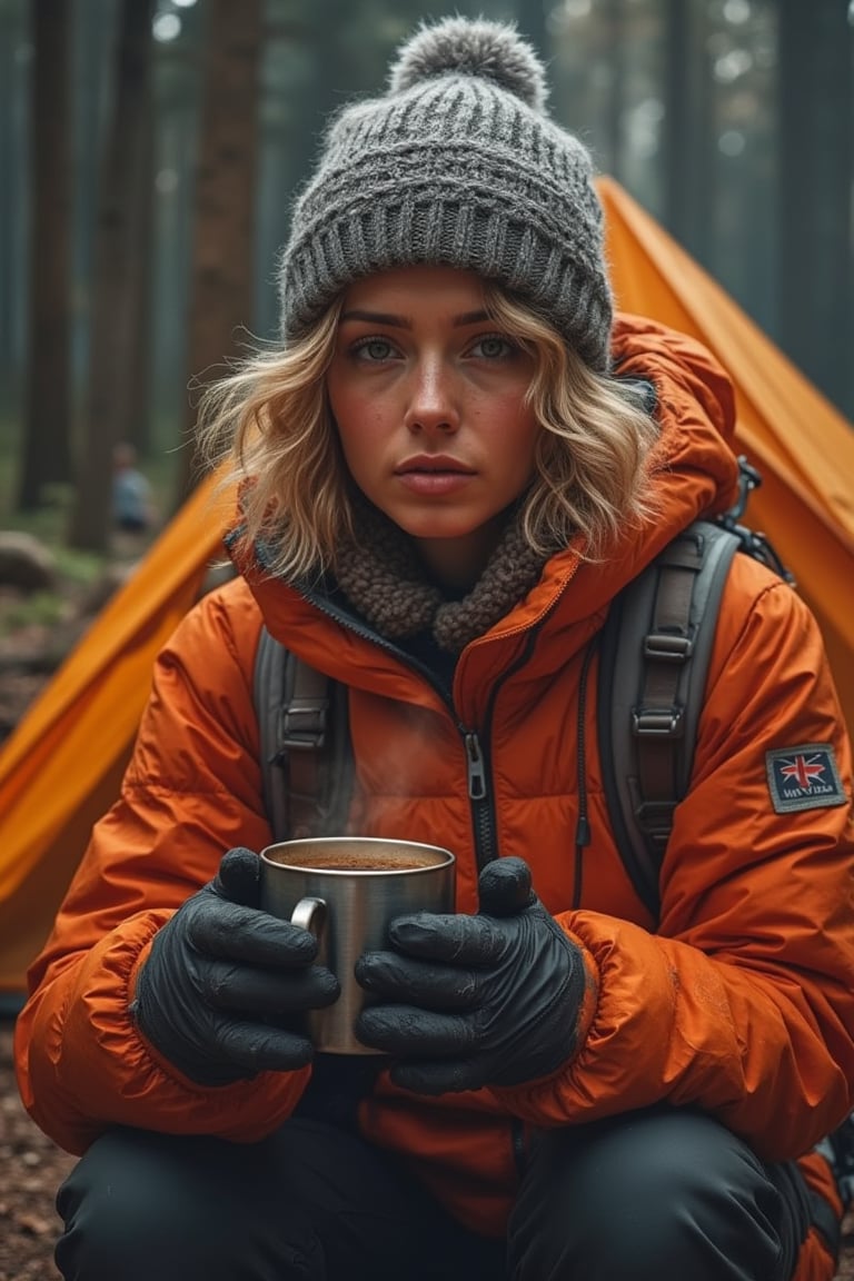 A just woken up beautiful gorgeous golden short curly hair style woman, wears cold proof adventure jacket, adventure trousers, boots, messy hair in the morning beneath the beanie, feels the tranquil moring, a metal cup of hot coofee in her hands, enjoying the aroma and the taste of fruity arabica coffee, a tranquil moring in the wilderness with tent and campfire, insanely detailed and intricate face sneezing gestures, realistic color comic illustration with strong influence of Don Lawrence style