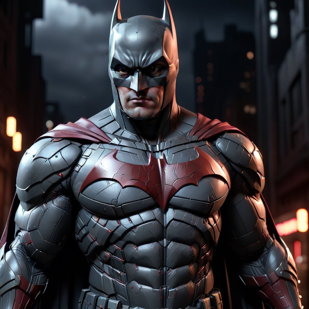 An experimental fusion of Iron Batman, a detailed photorealistic new breed of superhero, insanely detailed and intricate figure and high-tech costumeIron, dark cement grey and dark red dual tone colored, dark toned, night metro gotham background, volumetric lighting, unreal engine 5