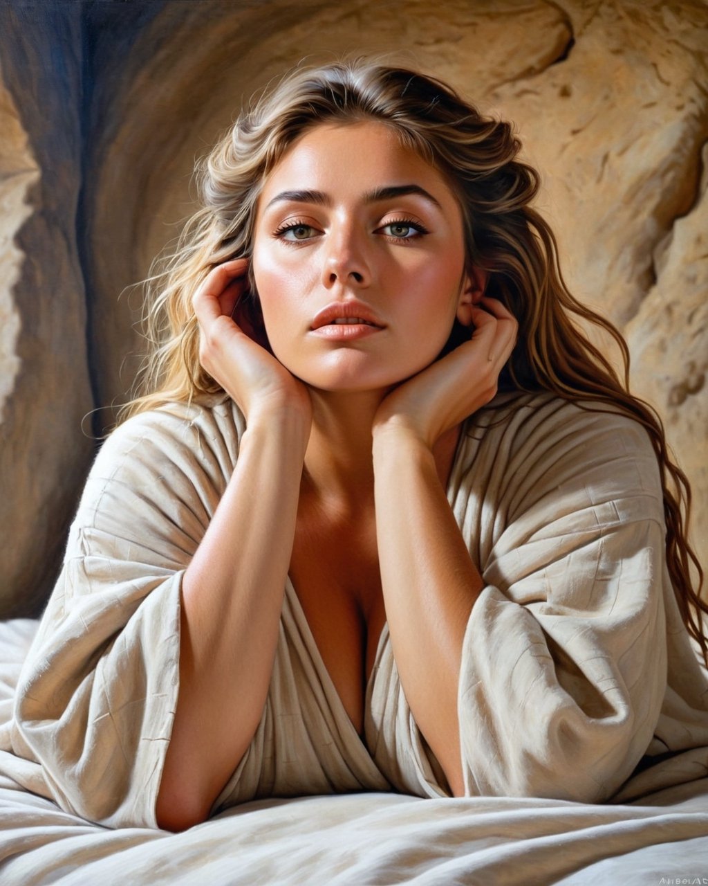 Create a picture of a Beautiful ((Busty))Neolithic European [Woman:Maude Adams:0.1], detailed beautiful face, wears Neolithic natural oversize sleeping clothing, ((she lift her hands up to fix her hairdo)) at her neat mesmerizing Neolithic bedroom, photo realistic oil on canvas painting, realism style.