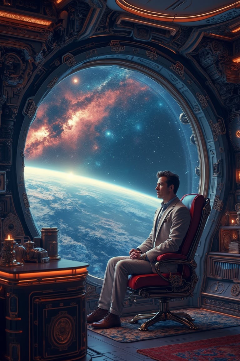 The smart, cunning and genius Interstellar Enterpreneur [Elon Musk:David Bowie:0.35] with sharp eye stare in to the distance from his lavish cabin of  interstellar space sjip, subtle nebula and galaxies clearly visible from the gigantic window, insanely detailed and intricate, masterpiece work of realistic  color comic maestro Don Lawrence, octane render