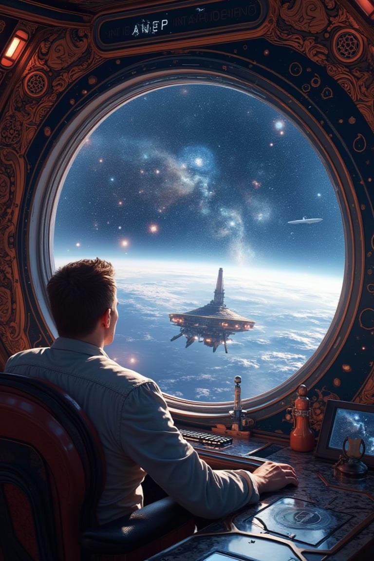 The smart, cunning and genius Interstellar Enterpreneur [Elon Musk:David Bowie:0.35] with sharp eye stare in to the distance from his lavish cabin of  interstellar space sjip, subtle nebula and galaxies clearly visible from the gigantic window, insanely detailed and intricate, masterpiece work of realistic  color comic maestro Don Lawrence, octane render