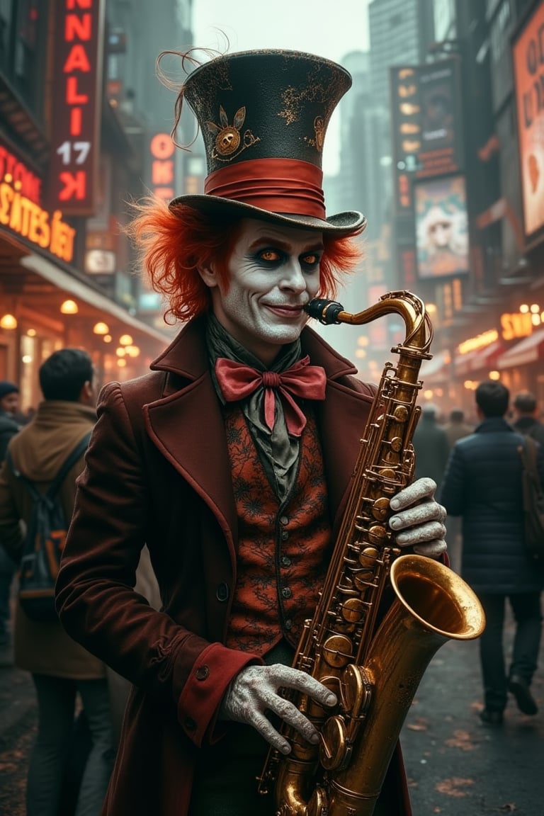 create a picture of The Mad Hatter with devious smirk and sharp eyes playing saxophone in the middle of the bustling city, full of people, making those people have a fiery eyes glow, causing some riot between people who listened to his tunes