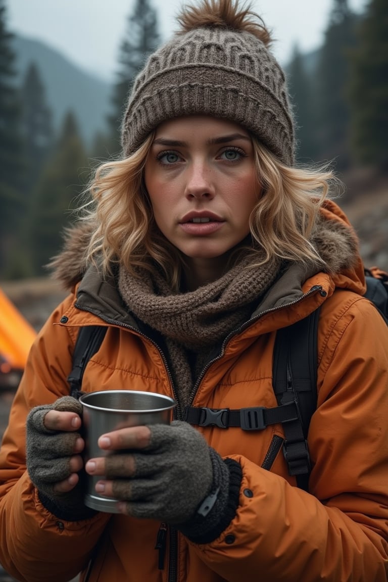 A just woken up beautiful gorgeous golden short curly hair style woman, wears cold proof adventure jacket, adventure trousers, boots, messy hair in the morning beneath the beanie, feels the tranquil moring, a metal cup of hot coofee in her hands, enjoying the aroma and the taste of fruity arabica coffee, a tranquil moring in the wilderness with tent and campfire, insanely detailed and intricate face sneezing gestures, realistic color comic illustration with strong influence of Don Lawrence style