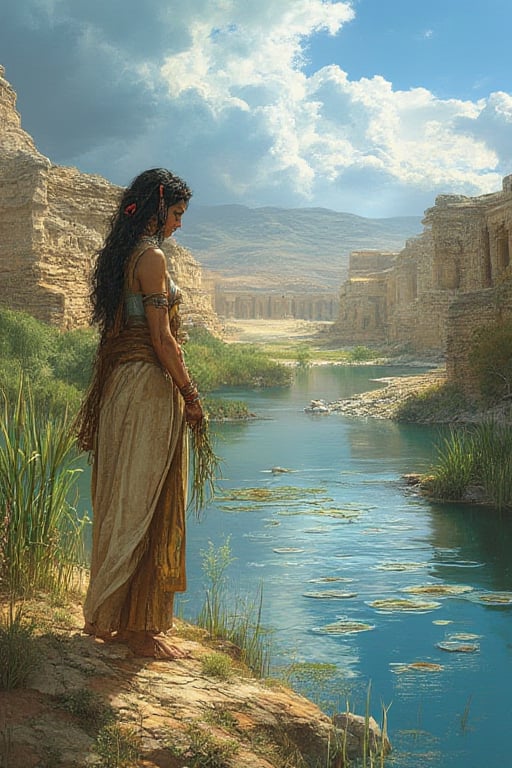 An ancient Sumerian Girl harvesting edible water plants along a river bank with breathtaking ancient Sumerian Landscape, cloudy blue sky, realistic color comic illustration with strong influence of Don Lawrence style