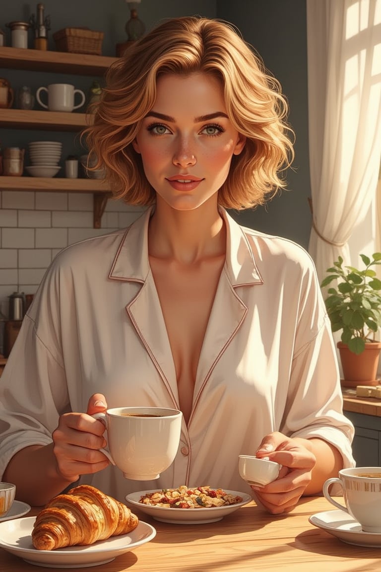 A just woken up beautiful gorgeous golden short curly hair style woman, still using her silk pajamas, messy hair in the morning, feels the tranquil moring, talking with you with intimate eye stare and passionate smile, listening to you attentively, a cup of hot coofee in her hands, a bowl of cereals with almond milk, enjoying the aroma and the taste of fruity arabica coffee, sweet croissant,wheat bread, butter and peanut butter, neat modern Scandinavian kitchen with well organize kitchen object and cluttery, insanely detailed and intricate face intimate gestures, realistic color comic illustration with strong influence of Don Lawrence style