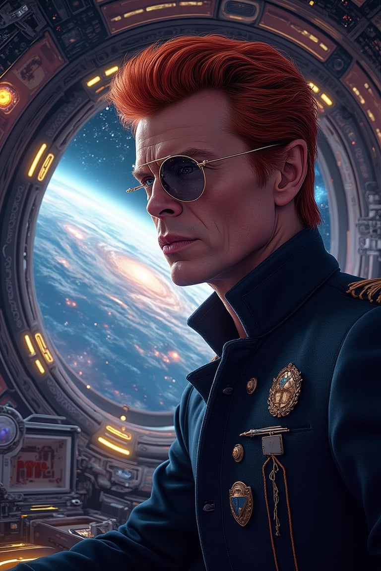 The smart, cunning and genius Interstellar Enterpreneur [David Bowie:Elon Musk:0.35] with sharp eye stare in to the distance from his lavish cabin of  interstellar space sjip, subtle nebula and galaxies clearly visible from the gigantic window, insanely detailed and intricate, masterpiece work of realistic  color comic maestro Don Lawrence, octane render