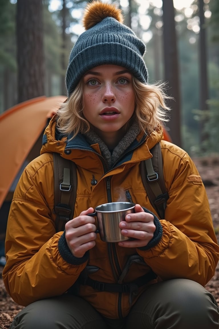 A just woken up beautiful gorgeous golden short curly hair style woman, wears cold proof adventure jacket, adventure trousers, boots, messy hair in the morning beneath the beanie, feels the tranquil moring, a metal cup of hot coofee in her hands, enjoying the aroma and the taste of fruity arabica coffee, a tranquil moring in the wilderness with tent and campfire, insanely detailed and intricate face sneezing gestures, realistic color comic illustration with strong influence of Don Lawrence style