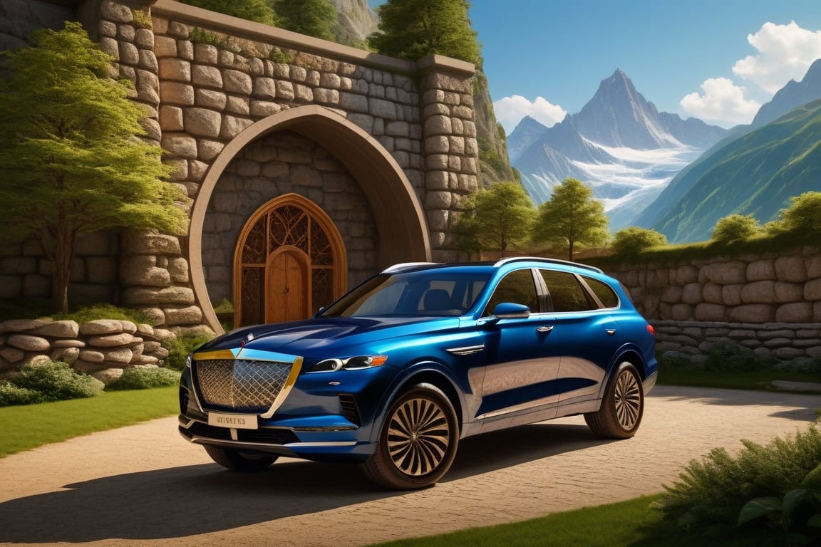 ((Hyper-Realistic)) photo of 1 car \(random colors mid-size luxury crossover SUV, Genesis GV80\) parked,Front side view,well-lit,Super-detailed shiny body and wheels with reflection,(backdrop: Hyper-realistic Super-detailed (Documentary photograph:1.3) of a magnificent (Swiss mountain top),(stone wall:1.2),14th century,(golden ratio:1.3)),tree,waterfall,
BREAK 
aesthetic,rule of thirds,depth of perspective,perfect composition,studio photo,trending on artstation,cinematic lighting,(Hyper-realistic photography,masterpiece, photorealistic,ultra-detailed,intricate details,16K,sharp focus,high contrast,kodachrome 800,HDR:1.3),H effect,photo_b00ster,itacstl,Dwarven City