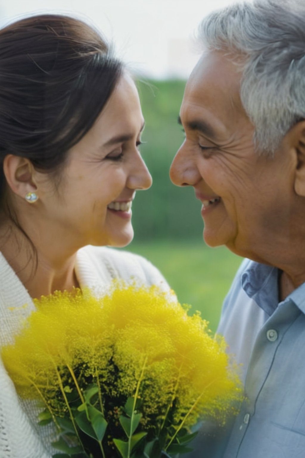 : grandpa gives grandma a bouquet of Mimosa  grandma smiles. they look at each other with love. flickr, 4k, canon eos r3 