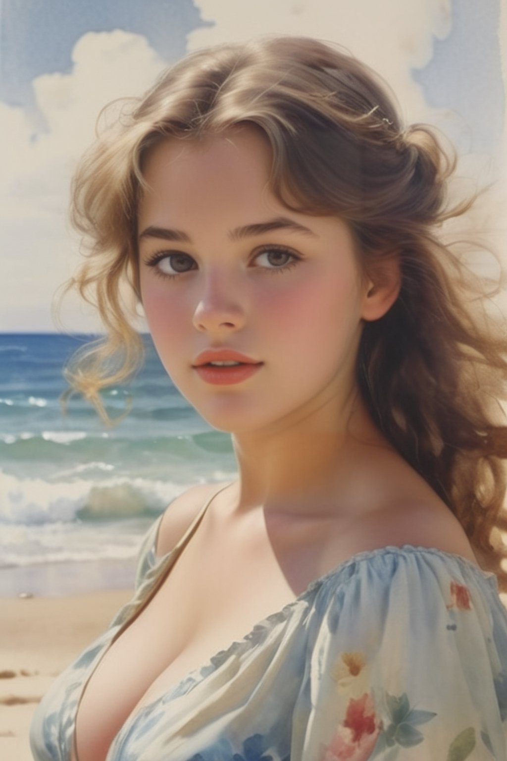 Innocent girl flirty from Disney with large breasts by David Hamilton((restoration face)) having an orgasm,beach ,watercolor 