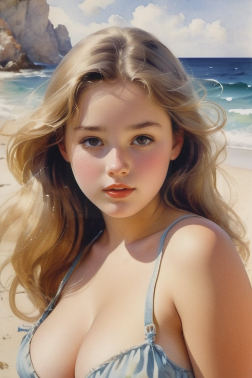 Innocent girl flirty from Disney with large breasts by David Hamilton((restoration face)) having an orgasm,beach ,watercolor 