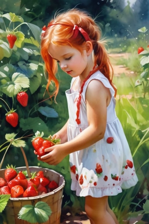 White little girl with disheveled redhead ponytails,close-up, soaked in strawberry juice, in a village short dirty dress picking strawberries in a clearing, dynamic pose watercolor, airbrush, style Mikhail Garmash