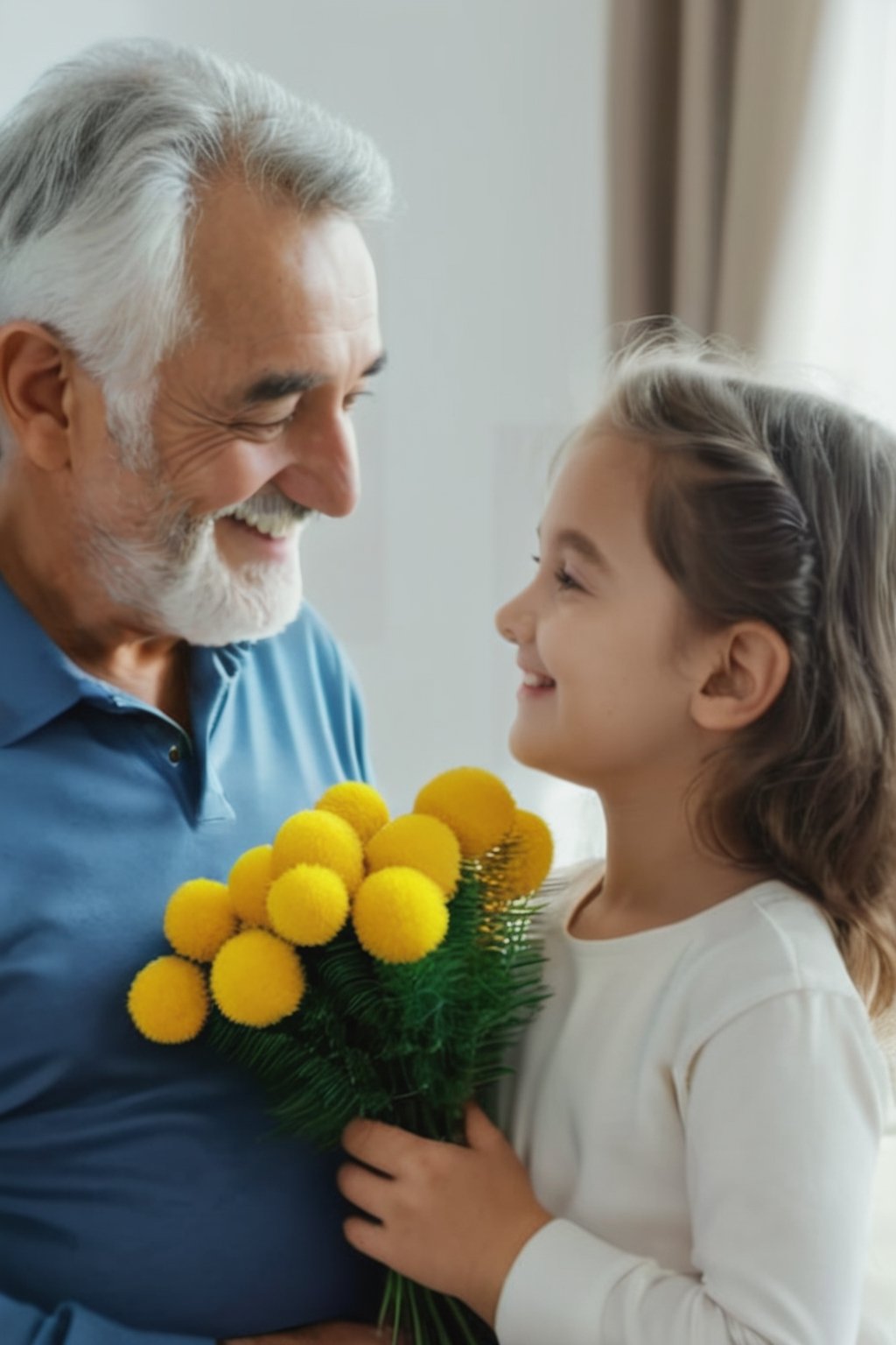 : grandpa gives daughter a bouquet of Mimosa  grandma smiles. they look at each other with love. flickr, 4k, canon eos r3 