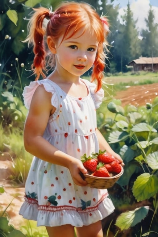 White little girl with disheveled redhead ponytails,close-up, soaked in strawberry juice, in a village short dirty dress picking strawberries in a clearing, dynamic pose watercolor, airbrush, style Mikhail Garmash