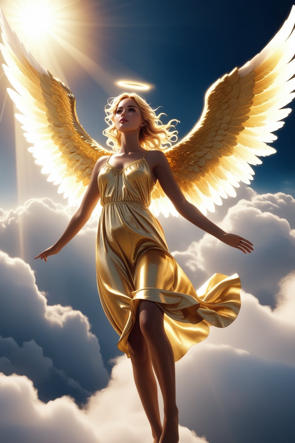 (ultra realistic,best quality), (photorealistic), (Extremely Realistic), (cinematic light), (8k high quality detailed), 
A biblicall accurate Angel, oddly terrifying, golden, in clouds, epic appearance, stunning