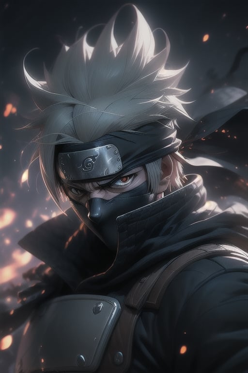 Kakashi hatake , masterpiece, best quality, epic Pose, shidori, sharingan, battlefield background, lighting bolds 