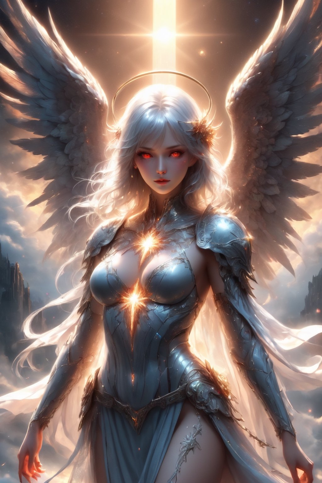 (best quality,highres,realistic:1.4),(HDR,UHD),(portrait), Envision a holy archangel flying over the cloud, full body, head to feet, epic Pose, red eyes, eye light, white hair, angel wing, angel helmet with halo over head, (moonlit night, soft colors, (detailed cloudscape:1.3), vivid colors, ultra-detailed, ultra-fine anatomy, medium breast, glittering robe endowed by ice crystals ornament , light particles, sexy metal armor with glowing texture,captivating presence, gleaming skin, natural light bloom, elegance, alluring ethereal glow, surrounding by glistening crystals,