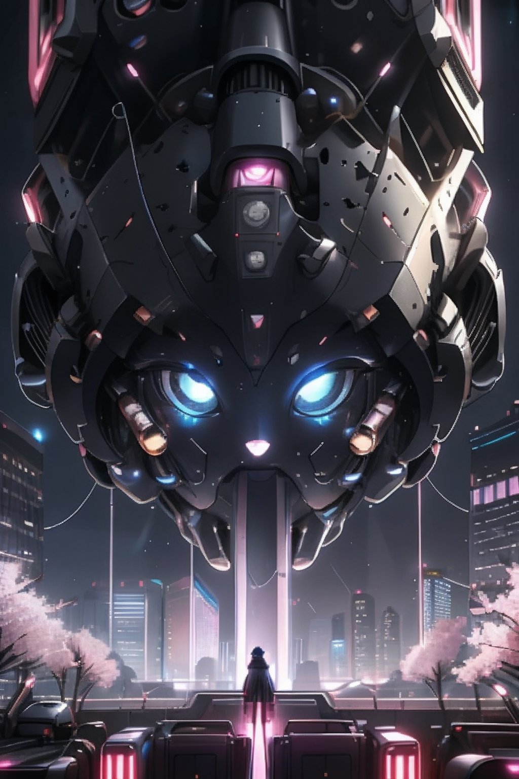 Imagine a futuristic cityscape where towering skyscrapers gleam against a twilight sky, illuminated by neon lights and holographic advertisements. In the foreground, a young cyborg protagonist stands atop a building, their sleek metallic limbs reflecting the city's glow. Their expression is determined yet contemplative, hinting at a backstory of resilience and inner conflict.Surrounding the protagonist are elements of both technology and nature, seamlessly intertwined. Perhaps there are hovering drones buzzing around, carrying out surveillance or delivery tasks, while cherry blossom trees bloom amidst the concrete jungle, symbolizing beauty and fragility in this high-tech world.In the distance, a colossal megastructure looms, hinting at the central conflict or mystery of the narrative. Is it a corporate headquarters, a government facility, or something more sinister? The sky above crackles with energy, suggesting impending change or upheaval.