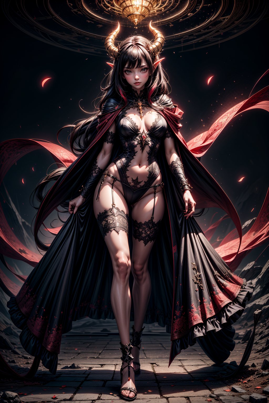 Mysterious Demoness Create of an alluring demon woman, Full body, She has sharp features, glowing red eyes, and flowing black-to-red hair. Her regal cape features gold thread and intricate patterns. A dark, misty realm lingers in the background.
