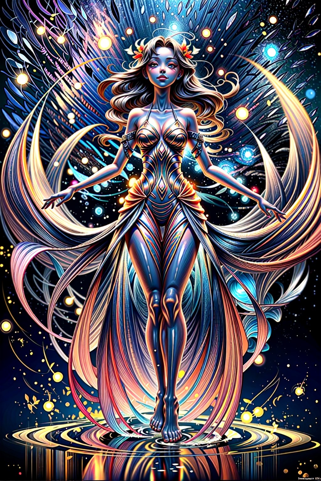 The goddess of water waves her hands to turn the blue energy flow into a yin and yang Tai Chi diagram
, full body, nice face, Medium breast, sexy dress, water swirling