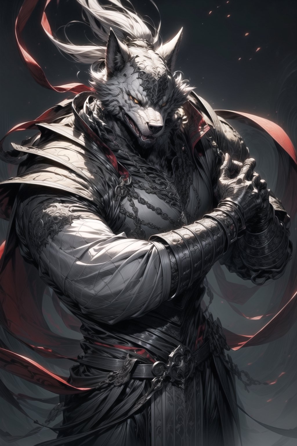 A character design concept for a medieval-themed fantasy world featuring magic. The protagonist is a 28-year-old werewolf with grey-white fur and sharp, golden eyes. Adorned in leather armor with intricate designs and emblems, they possess a muscular and imposing physique. Positioned centrally, surrounded by depictions of weaponry, attributes, skills, magic, and related items in a fictional language. The artwork is presented in ultra-high definition, depicting a fantastical w