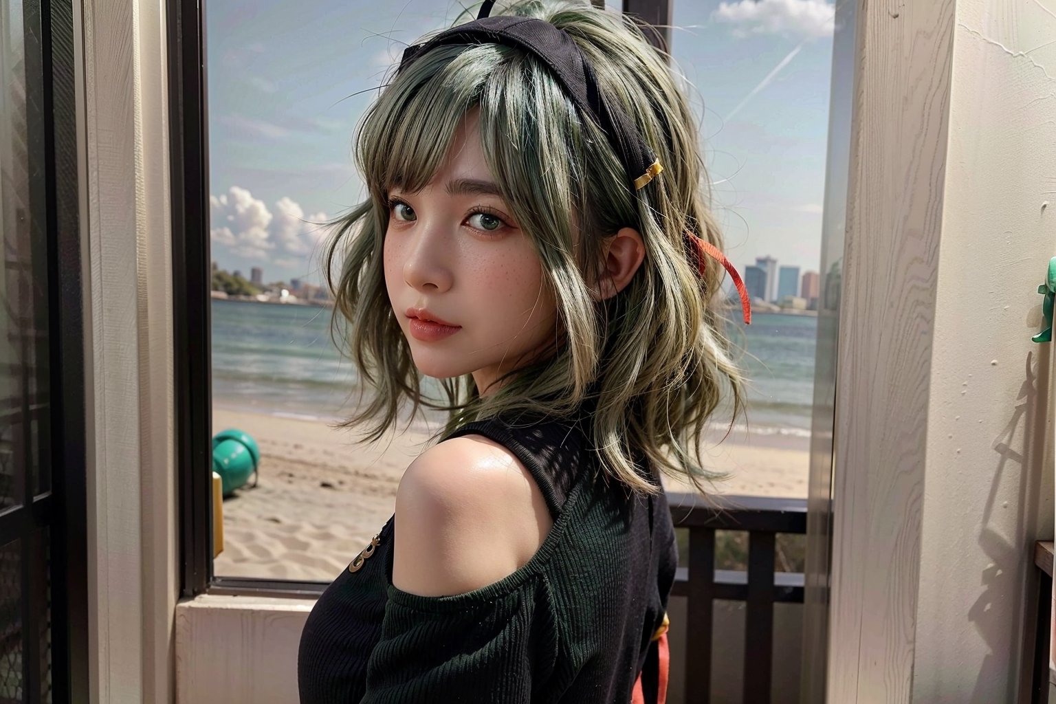 1girl, solo, long hair, breasts, looking at viewer, Mina face, slim face, model body, teenage skin, moist skin, outdoor, walking at beach, deformed Anime ,smirk, hair ribbon, hair ornament, hanfu green shirt, wide sleeves red skirt, long skirt, east asian architecture,((hair ribbon hair ornament,bun)),((Portrait)),maomao,((Dark green hair:1.4)), shangfu, jinshi,[[[freckles]]],Add more detail, perfect eyes,Extremely Realistic, smile, perfect mouth, perfect lips