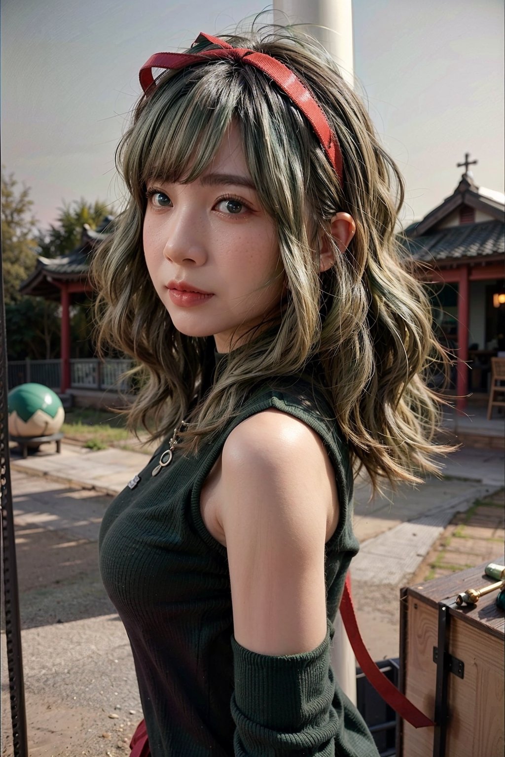 1girl, solo, long hair, breasts, looking at viewer, Mina face, slim face, model body, teenage skin, moist skin, outdoor, walking at beach, deformed Anime ,smirk, hair ribbon, hair ornament, hanfu green shirt, wide sleeves red skirt, long skirt, east asian architecture,((hair ribbon hair ornament,bun)),((Portrait)),maomao,((Dark green hair:1.4)), shangfu, jinshi,[[[freckles]]],Add more detail, perfect eyes,Extremely Realistic, smile