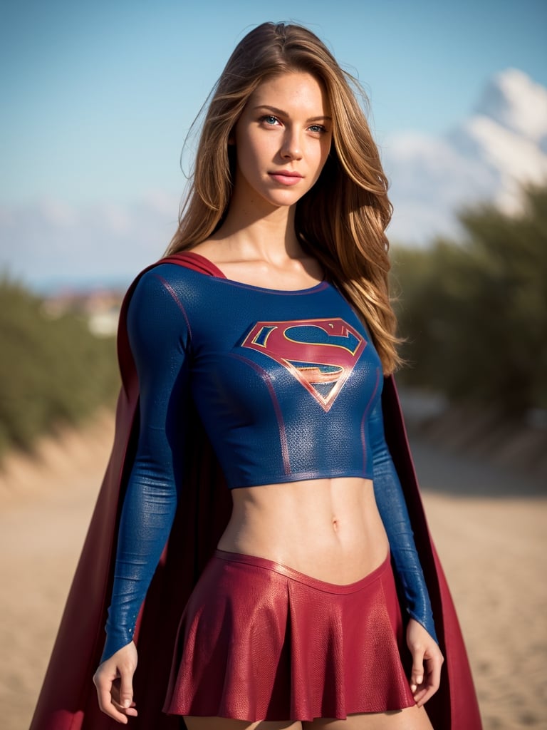 8k, best quality, real picture, intricate details, ultra-detailed, ultra highres, depth field,(photorealistic,realistic:1.2),masterpiece,photo of  european girl, supergirl, blue eyes, blonde hair, long hair, cape, red skirt, superhero, solo, sun, blue sky, front view, long legs, thin waist
best quality, realistic, photorealistic, (intricate details:1.2), (delicate detailed), (cinematic light), clear line, sharp focus, realistic face, detailed face,
unity 8k wallpaper, ultra high res, (photorealistic:1.4), looking at viewer 
,wo_4ngel01