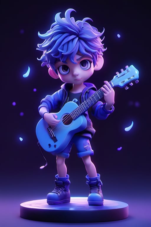 boy,artistic, 3d, animated, perfect body, perfect hands, colors blue, black, purple, with guitar
