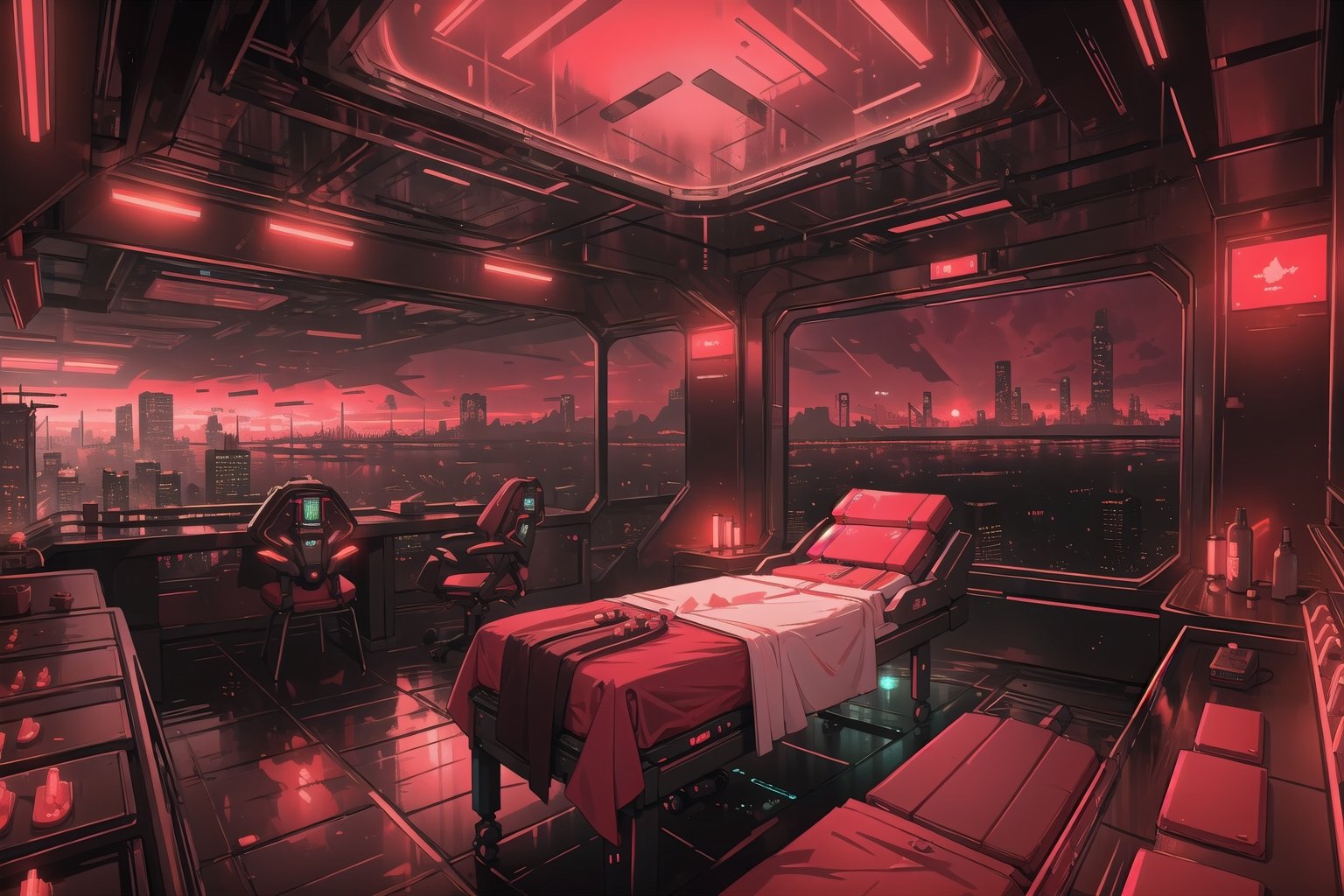 Create a digital illustration featuring a giant luxurious massage room of futuristic style, with bright red lights and a gorgeous view of a cyberpunk city.