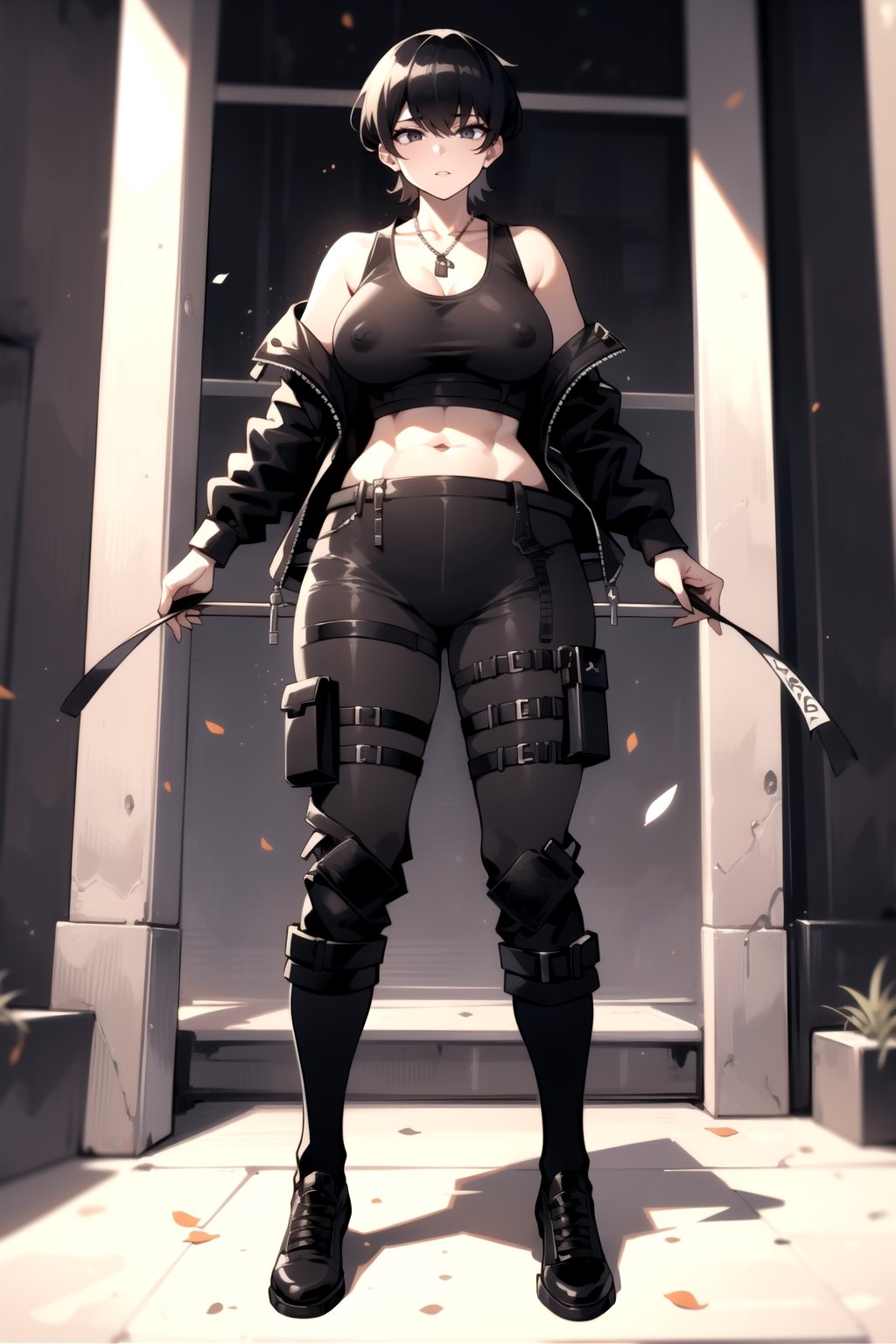 1girl, fullbody, mature female, milf, curvy, large breasts,abs, voloptuous, BREAK (black techwear jacket with a black tank top, brown cargo pants with buckle and tape), tall, full body shot, black hair, cyberpunk style, covered erect nipples,komi shuuko,black eyes, short hair, dog tags