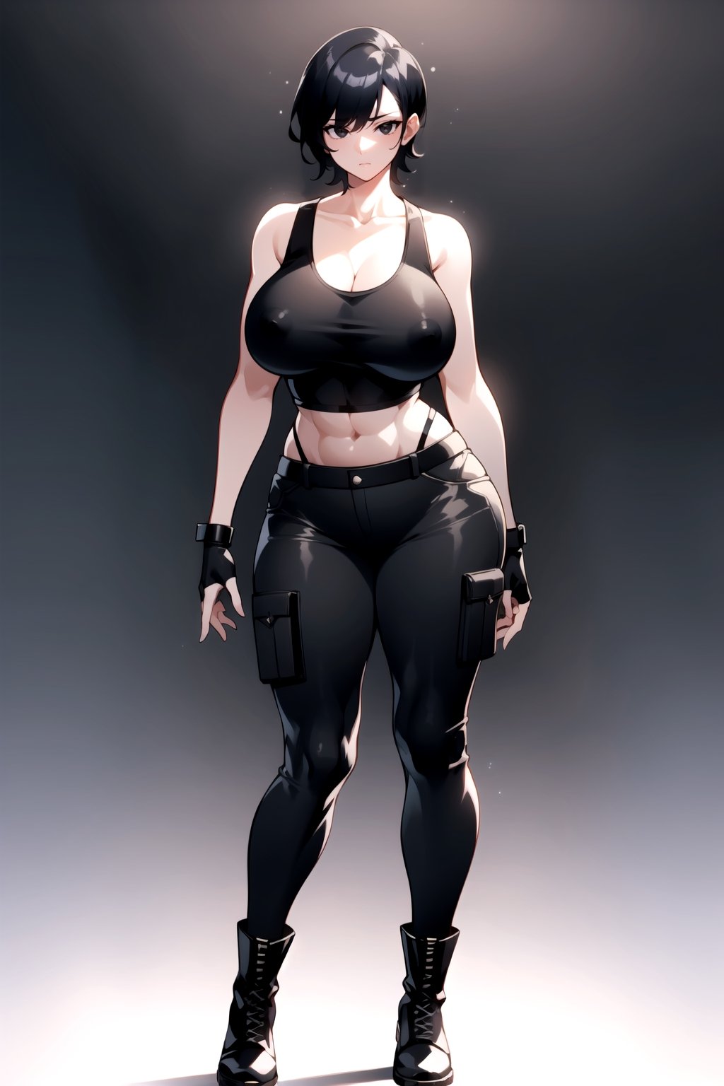 1girl, fullbody, mature female, milf, curvy, large breasts,abs, voloptuous, tall, full body shot, black hair, cyberpunk style, covered erect nipples,komi shuuko,black eyes, short hair, standing, military style clothing, tank top, cargo pants, military boots, fingerless gloves, skindentation