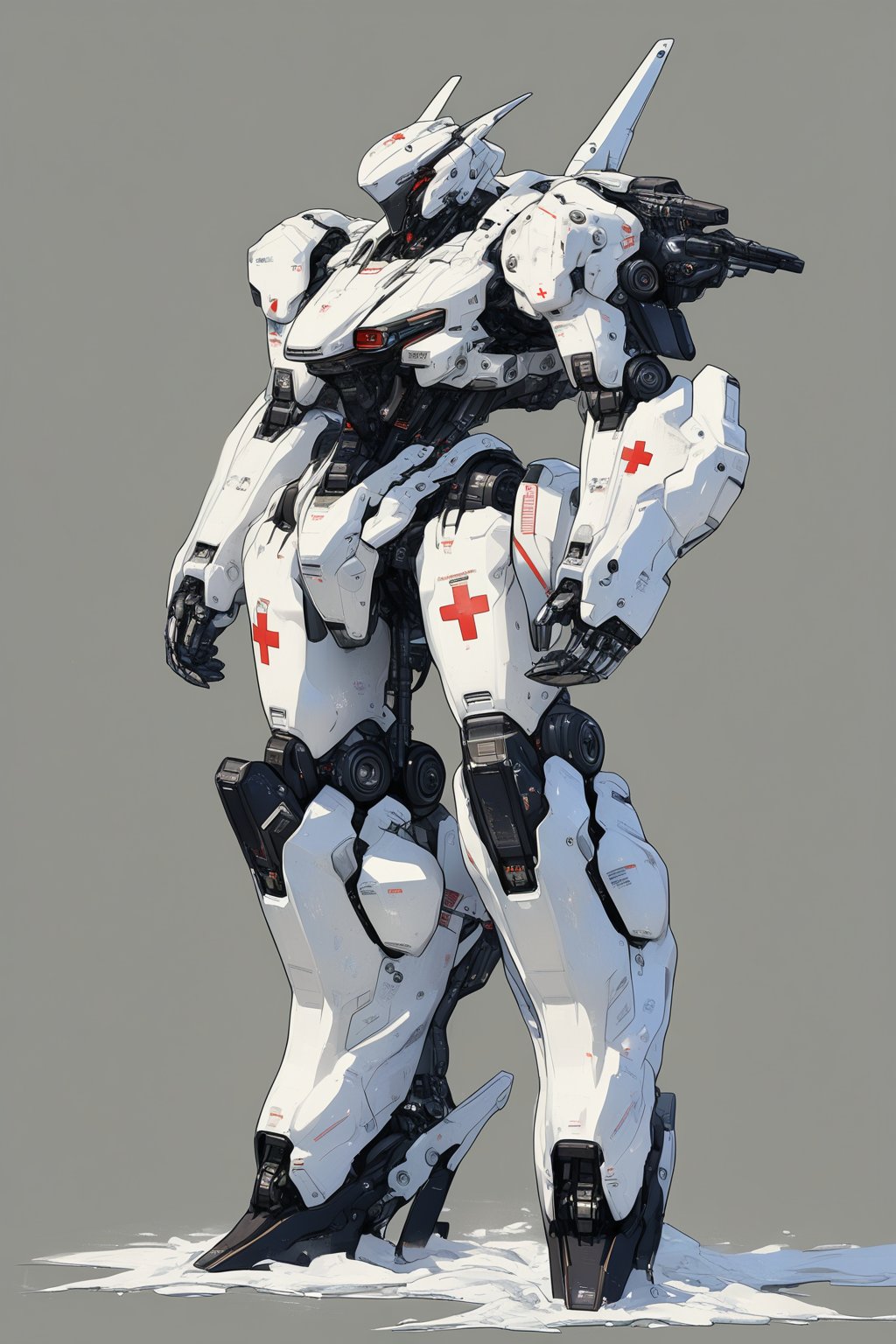 robot, rough, no humans, science fiction, simple background, solo, standing, full body, looking ahead, masterpiece, best quality,white mech, white paint, red cross, free hands,slim design