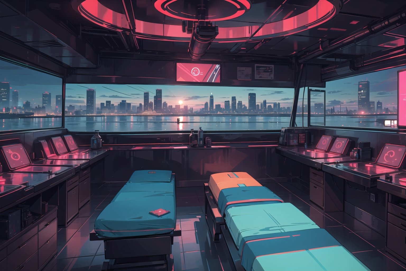 Create a digital illustration featuring a giant luxurious massage room of futuristic style, with bright red lights and a gorgeous view of a cyberpunk city.