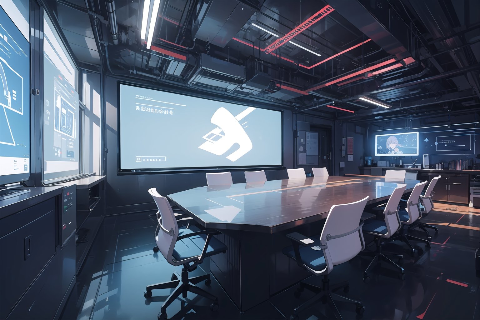 Create a digital illustration featuring a luxurious and desserted CEO office room of futuristic style, with nobody inside and with a hologram projector that has the shape of a large tube in a corner, with black walls and a single large window.
