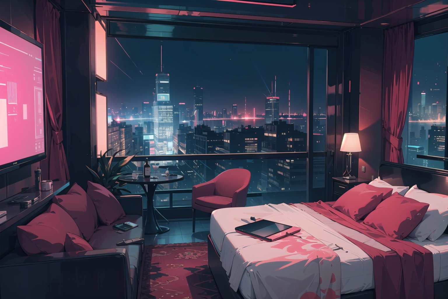 Create a digital illustration featuring a large luxurious hotel room of futuristic style with a big projector that has the shape of a large tube in a corner, a big bed and small living room, with bright red lights and a gorgeous view of a cyberpunk city.