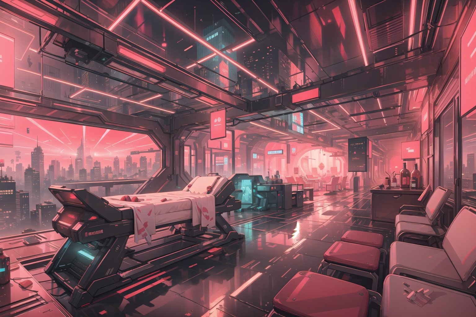 Create a digital illustration featuring a giant luxurious massage room of futuristic style, with a hologram projector that has the shape of a large tube in a corner, with bright red lights and a gorgeous view of a cyberpunk city.