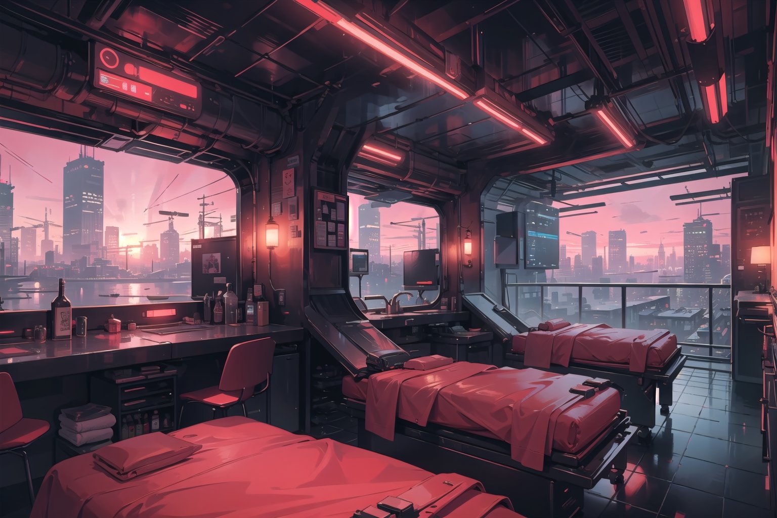 Create a digital illustration featuring a luxurious massage room of futuristic style, with bright red lights and a gorgeous view of a cyberpunk city.