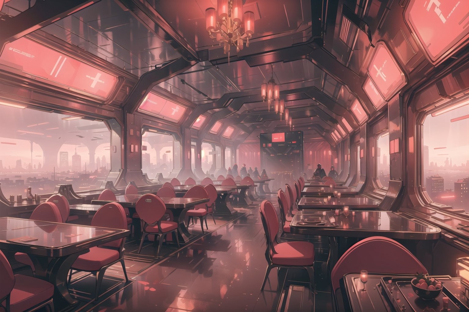 Create a digital illustration featuring a giant luxurious and elegant banquet hall of futuristic style, prim and proper with bright red lights and a gorgeous view of a cyberpunk city.