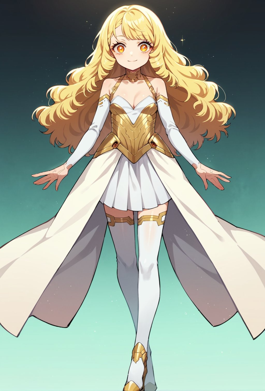 score_9, score_8_up, score_7_up, score_6_up, Takeda hiramitsu style,cyberpunk style,1girl,young female,young adult, very young,blonde hair, curly hair,regal, relaxed shoulders,white clothes, ethereal glow,solo, gold dress, white armored stockings, golden high heels, cleavage, indoor, open eyes, gold cybernetic eyes, long hair,small breasts, side boobs, gentle smile, standi