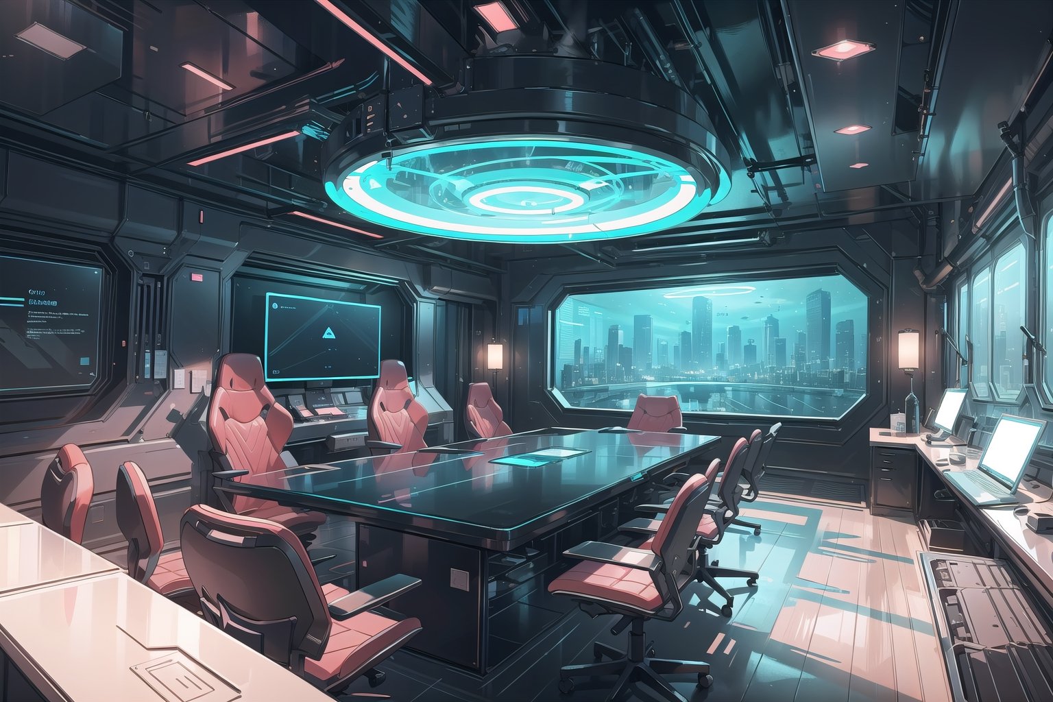 Create a digital illustration featuring a luxurious and desserted CEO office room of futuristic style, with a hologram projector that has the shape of a large tube in a corner, with black walls and a single large window.